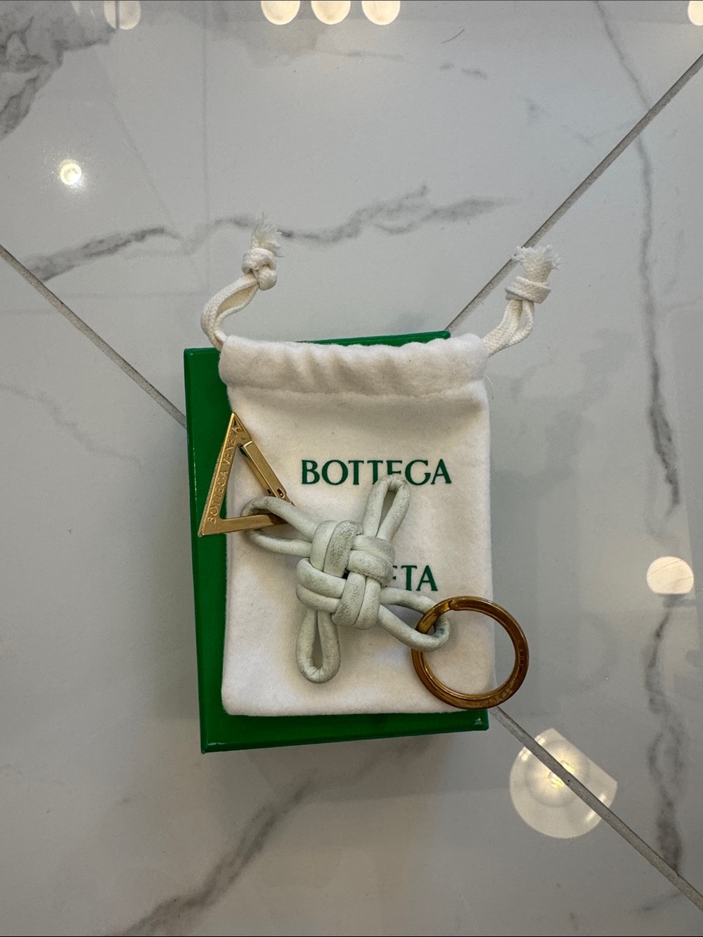 Bottega Veneta White Knotted Leather Keyring with Gold Hardware